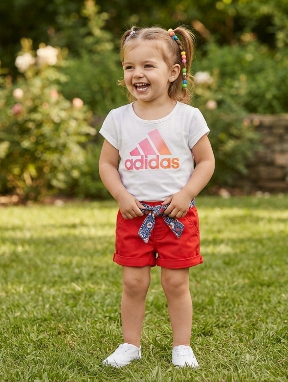 Adidas 3T White Tee with Orange Logo and Orange Floral Shorts